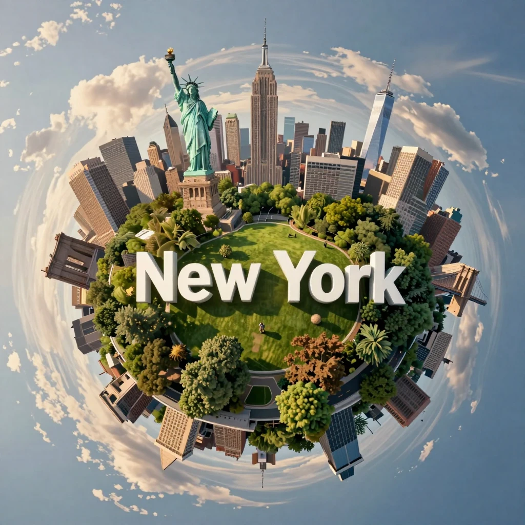 Create a hyperrealistic miniature planet showcasing New York with famous landmarks seamlessly curving around the spherical surface. Position bold 3D white text ”New York” naturally integrated across the lush green central parkland with realistic shadows and dimensional depth. Capture from a top-down orbiting angle that emphasizes the dramatic planet curvature. Use soft golden hour daylight filtering through partly cloudy skies, casting gentle shadows on emerald grass and surrounding trees. The background should blend into a swirling atmospheric sky. Apply vibrant greens, warm earth tones, and soft blues. Render in polished photorealistic style with fine architectural detail.