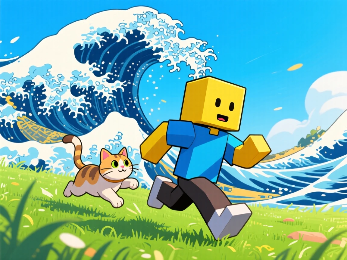 A picture a roblox noob
 holding a cat running with a tsanami chasing with grass below and cartoon