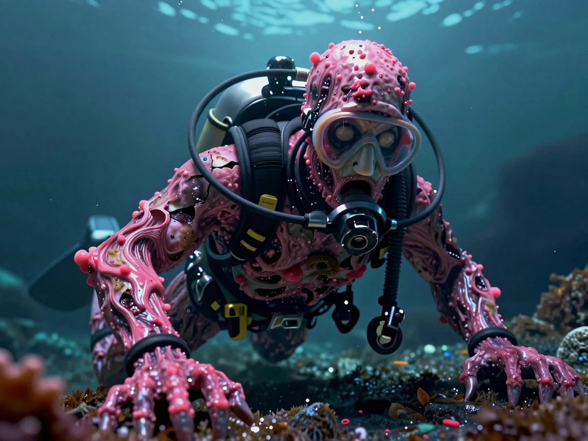 can u make me a realistic reference image for blender for my Roblox horror game that's 
**The Husk Diver**
Former humans overtaken by infection
Former humans overtaken by infection.(infected with the bloom plague-a pink infection spread among the diver exposing some flesh.)
Clings to your suit, cracking it open slowly.