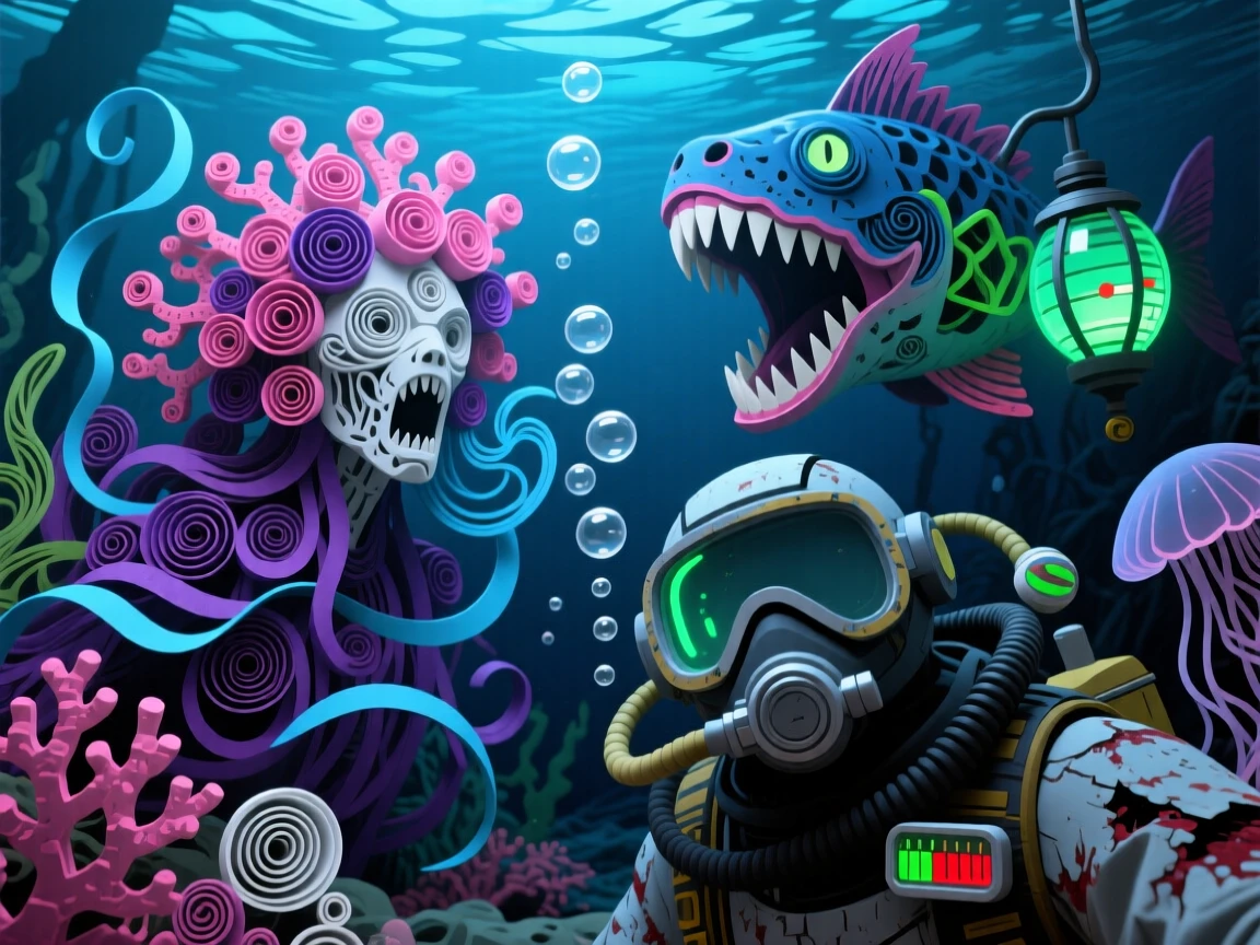 can create me a first person pov of what thinks would look like underwater making it look as realistic as possible and not blocky or cartoony using this information: 




🌊 Game Title: Blackwaters


🎮 Genre
Underwater Survival | Horror | Exploration | Mystery


🧩 Core Gameplay Loop
Dive Deeper — Explore underwater zones, scavenging for resources and clues.
Survive — Maintain oxygen, temperature, health, sanity, and infection levels.
Fight or Evade Entities — Each hostile creature has unique attack patterns and effects.
Craft and Use Survival Items — Neutralize infection side effects or enhance abilities.
Uncover the Mystery — Discover the source of a spreading aquatic infection threatening human life.


⚙️ Primary Systems
Oxygen System: Constantly depletes; upgraded tanks extend duration.
Pressure Damage: Increases with depth; special suits are needed to reach new zones.
Infection Meter: Increases when exposed to tainted water or infected entities.
Inventory & Crafting: Combine recovered materials into unique items.


🐉 Entities (Hostile Lifeforms)
Name
Description
Unique Kill/Attack Style












**The Siren Bloom**
Coral-like humanoid screaming through static.
Hypnotizes players into diving deeper until pressure crushes you.
**Reef Maw**
Giant jawed fish with bioluminescent lures.
Devours the player whole if they follow its light.
**The Husk Diver**
Former humans overtaken by infection.(infected with the bloom plague-a pink infection spread among the diver exposing some flesh.)
Clings to your suit, cracking it open slowly.
**Abyss Leech**
Long black parasite.
Drains the oxygen meter directly, forcing the player to ditch equipment.
**The Choir**
Group of jellyfish that emit paralyzing electric fields.
Swarm and fry your communication system and nerves.




🧰 Survival Items
Item
Description
Effect / Side Effect












**Lumen Gel**
Bright bioluminescent paste.
Heals sanity loss 