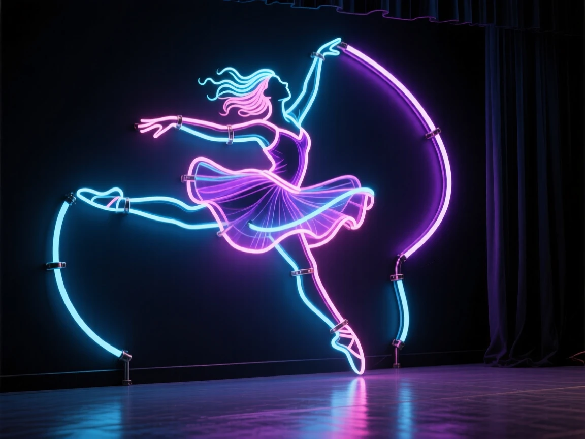 Create a premium neon wall art piece constructed entirely from glowing neon tubes, depicting a dancer captured mid-leap on an empty stage. Translate every element into elegant bent neon glass tubing, using continuous and segmented lines to form the dancer’s dynamic silhouette, flowing pose, extended limbs, expressive movement, and graceful body contours. Represent subtle details such as the dancer’s costume folds, hair movement, and stage presence with refined neon linework while maintaining a clean, recognizable minimalist design.


Use layered neon tubing with varied thicknesses to create depth, dimension, and visual hierarchy. Combine harmonious neon colors to highlight the dancer’s form, motion, and energy, with smooth color transitions and carefully balanced illumination. Incorporate realistic handcrafted tube bends, junctions, connectors, and slight variations in the glass structure to create the authentic look of a custom-made neon sculpture.


Add realistic neon glow effects, soft light halos, gentle reflections, and ambient illumination spreading onto the surrounding surface. Keep the background simple and dark, resembling a gallery wall or stage backdrop, allowing the glowing dancer artwork to become the central focus. The final image should feel like a high-end handcrafted neon wall installation, combining artistic elegance, modern design, and the timeless beauty of dance captured in luminous glass.