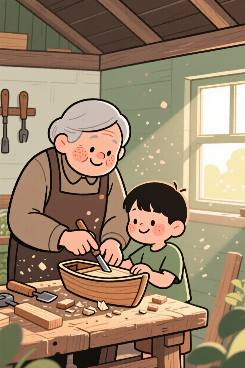 A grandparent shows a young grandchild how to carve a small wooden boat in the garden shed, both taking their time as dust motes drift in the sunlight.