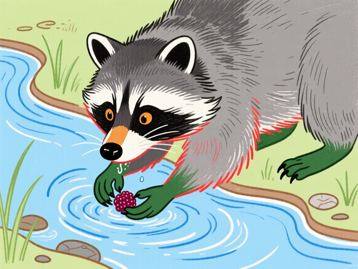 A raccoon washing a berry in a stream.