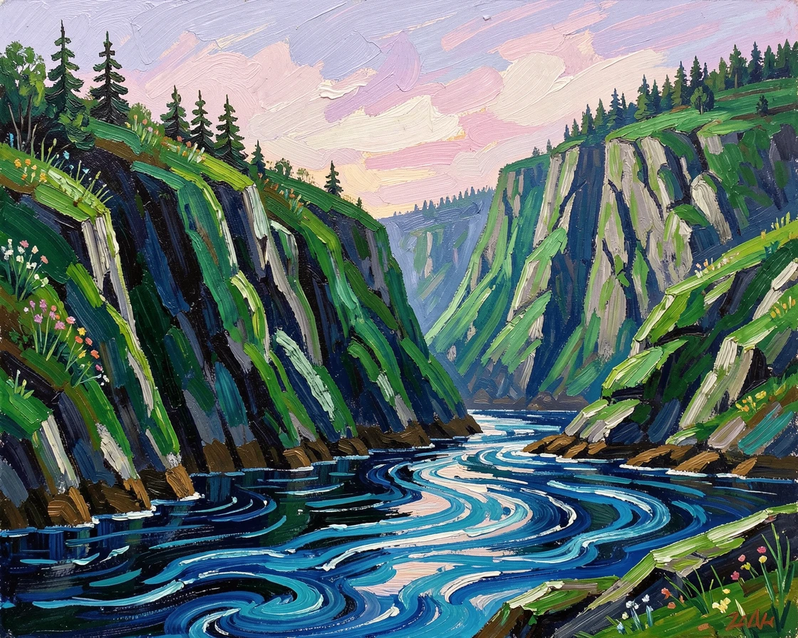 A quiet Nordic fjord with steep green cliffs plunging into deep blue water.
