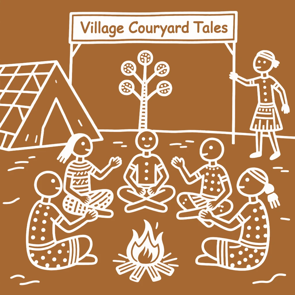 A group of neighbors exchanging stories from years past in the village courtyard.