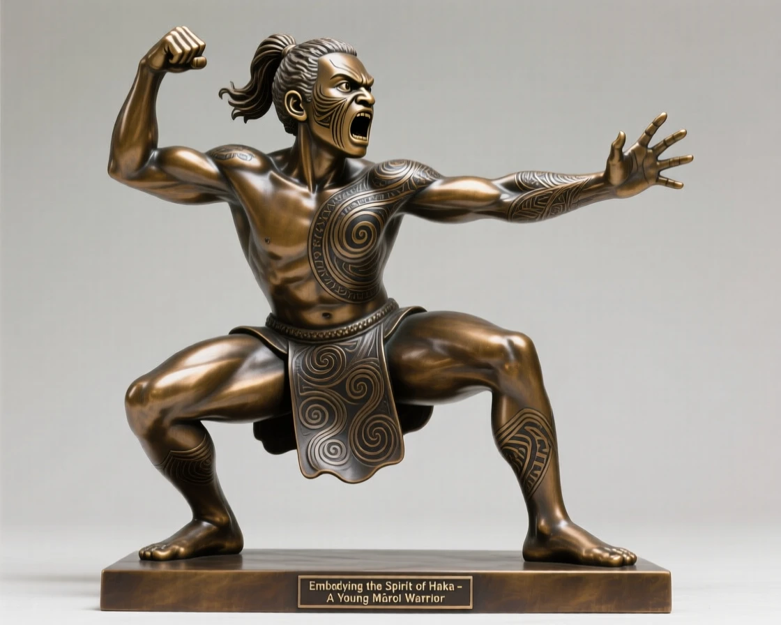 A young maori warrior performing a traditional haka, in a moment of pure emotion, forming a strong central focal point