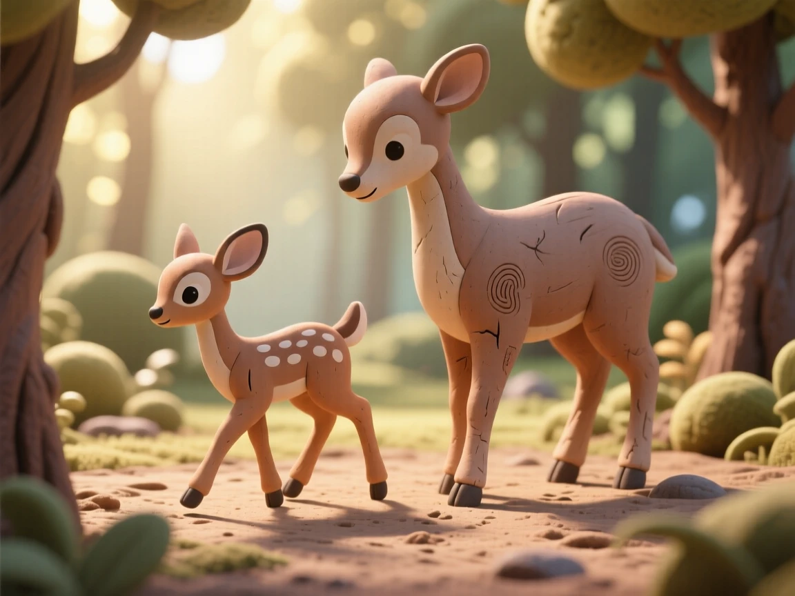 A fawn stepping cautiously into a sunlit forest clearing beside its mother