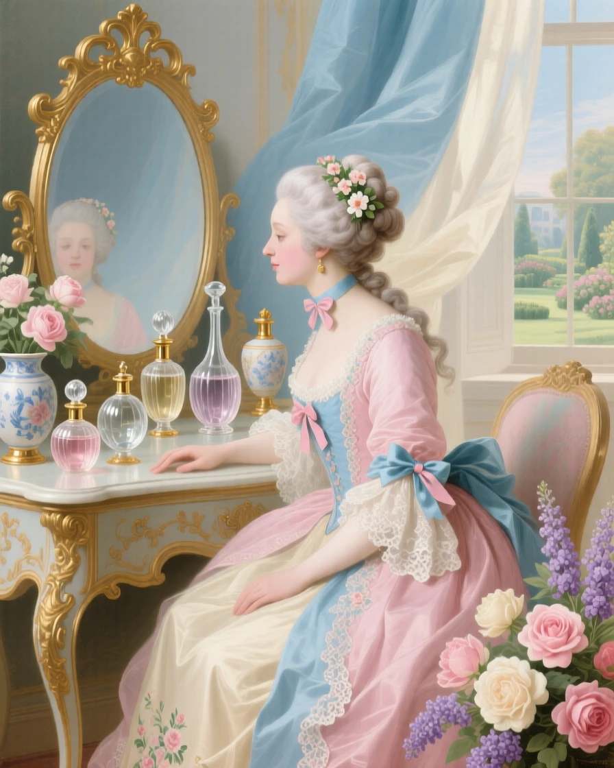 A noblewoman seated at a dressing table surrounded by perfume bottles and fresh flowers  