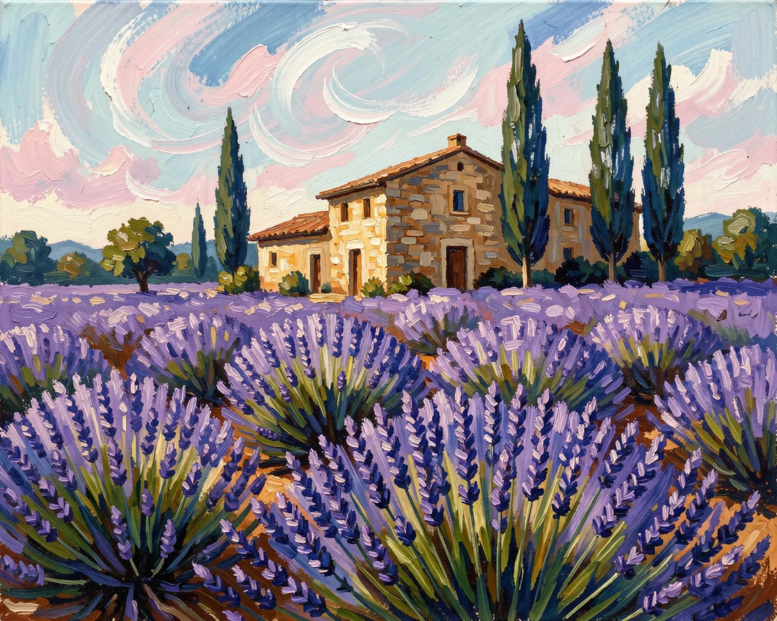 A field of lavender in Provence with a stone farmhouse and cypress trees in the distance.