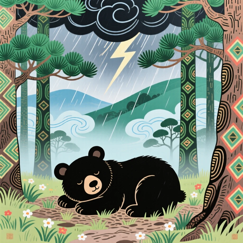 A black bear cub resting in a misty pine forest, during a summer thunderstorm passing in the distance.