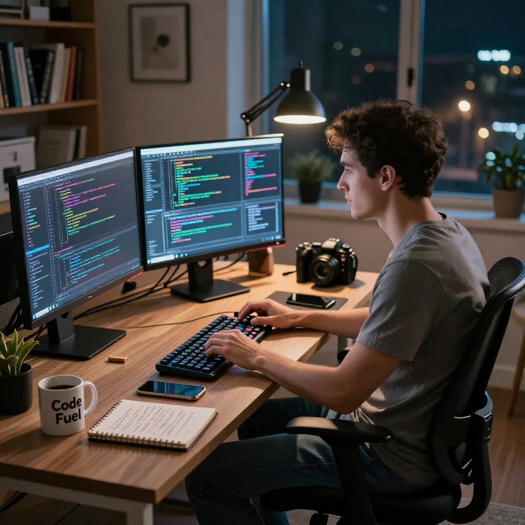 A software engineer coding late at night surrounded by monitors