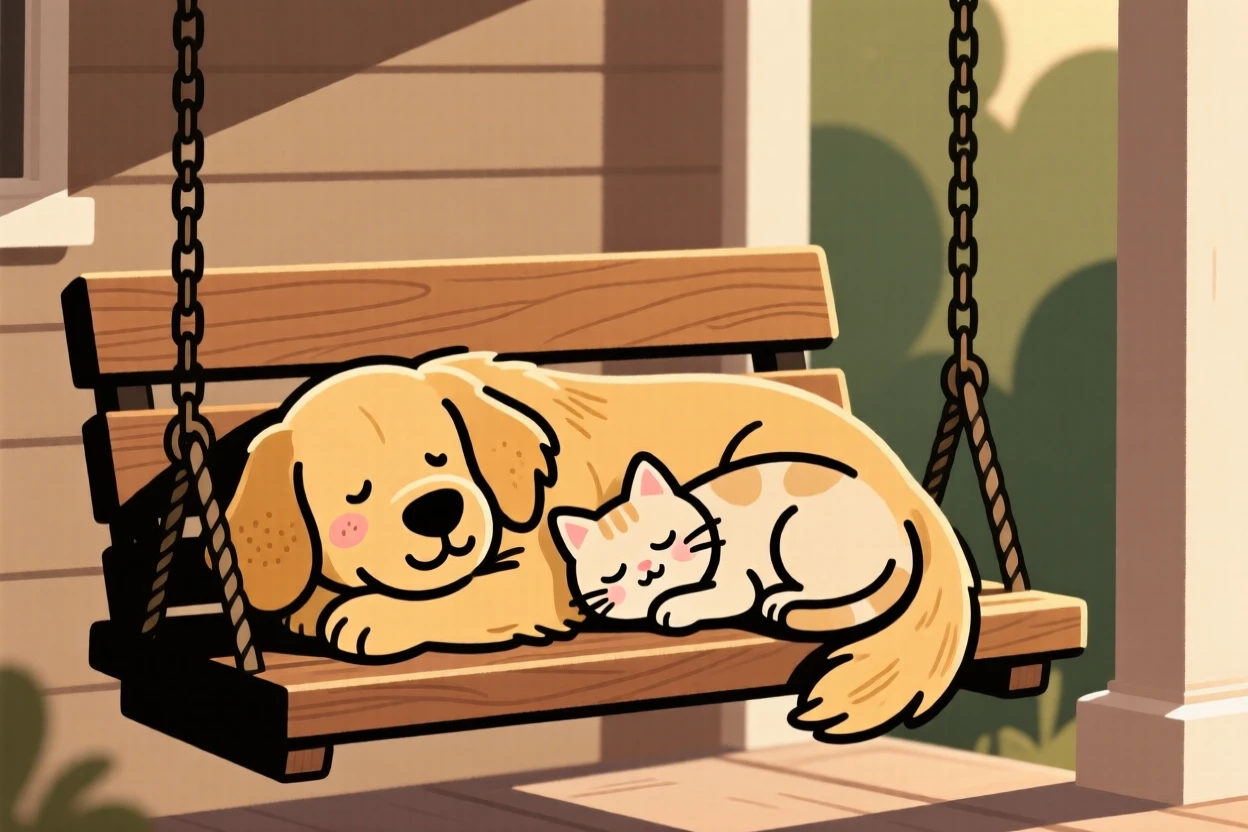 A golden retriever curls up beside a sleeping kitten on a porch swing, both worn out after an afternoon of exploring the barn.