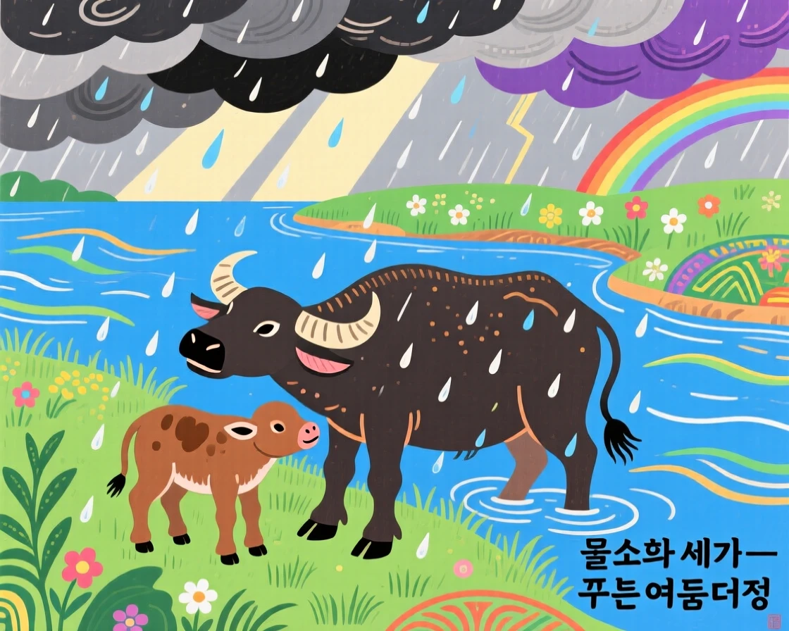 A water buffalo with its young along the bank of a quiet river, during a summer thunderstorm passing in the