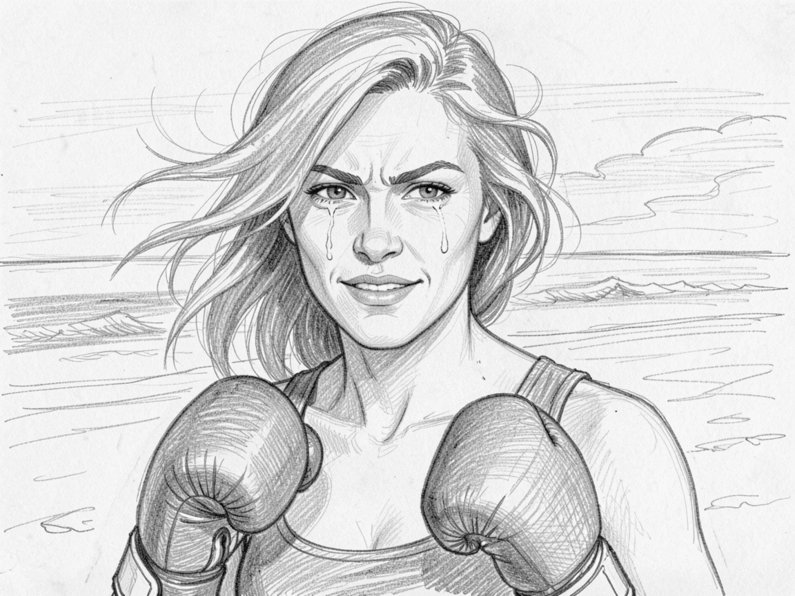 Close-up portrait of a determined female boxer on a windswept beach at dawn, with a single tear of joy on their cheek.