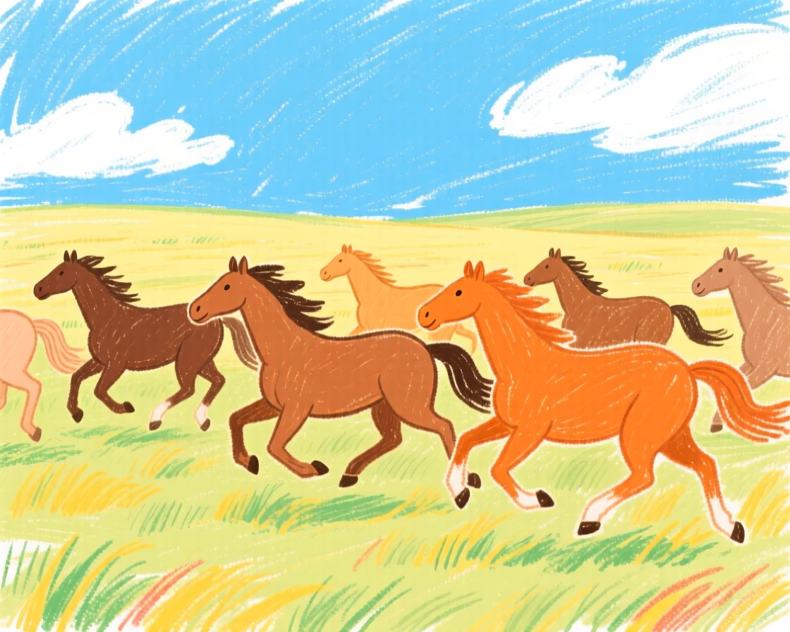 A herd of wild horses galloping across an open prairie.