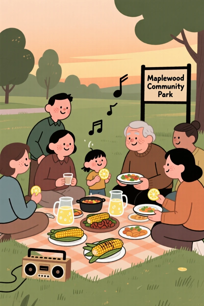 Neighbors gather for a potluck dinner in the local park, sharing grilled corn and lemonade and conversation as music from a small radio fills the warm evening air.
