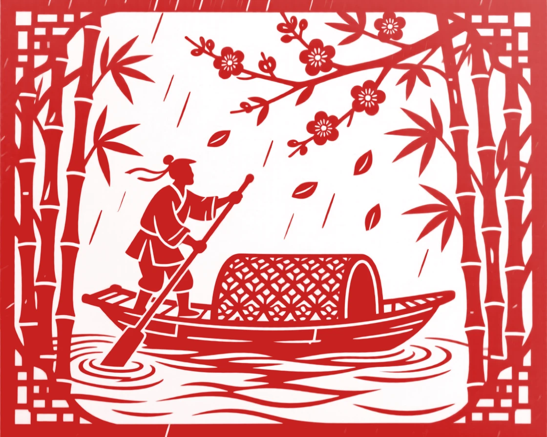 A composition of a boatman poling his raft through a bamboo grove after rain, petals drifting down from a blossoming branch nearby.