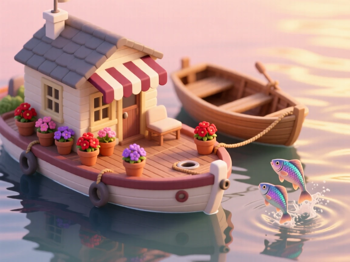 A cozy houseboat on a quiet river, with potted flowers along the deck rail, a striped awning, a small rowboat tethered behind, and fish jumping in the golden evening light.
