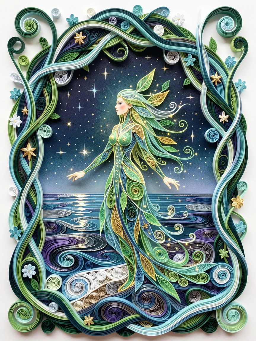 A magical fantasy scene of a forest spirit made of glowing leaves and light on the shore of a starlit magical lake, with shimmering starlight reflected on every surface, framed by an arch of twisting glowing vines.