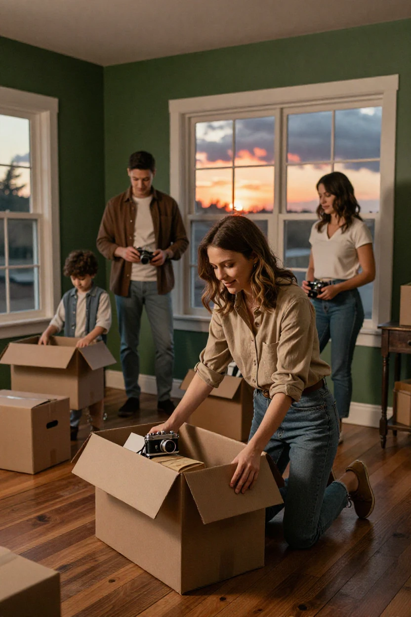 A young family unpacking boxes in a sunlit new home, under a glowing sunset sky, under a darkening storm sky, in the mild days of early autumn, with deep emerald greens and browns, over the shoulder of the main subject.