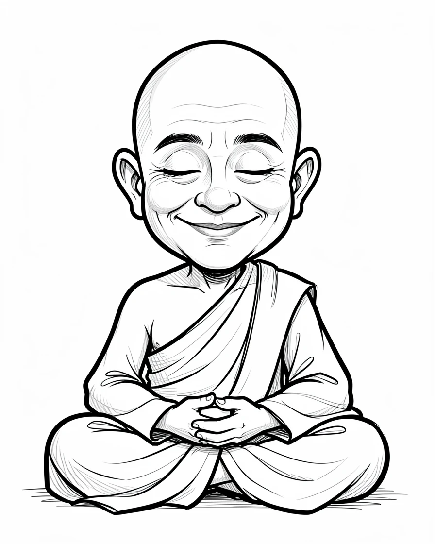 [People Portraits & Characters] Portrait of a wise Buddhist monk meditating peacefully with a gentle smile, full of personality and charm