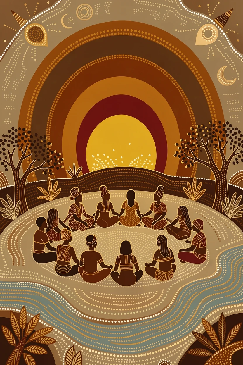 A tribal gathering celebrating the changing seasons at sunrise