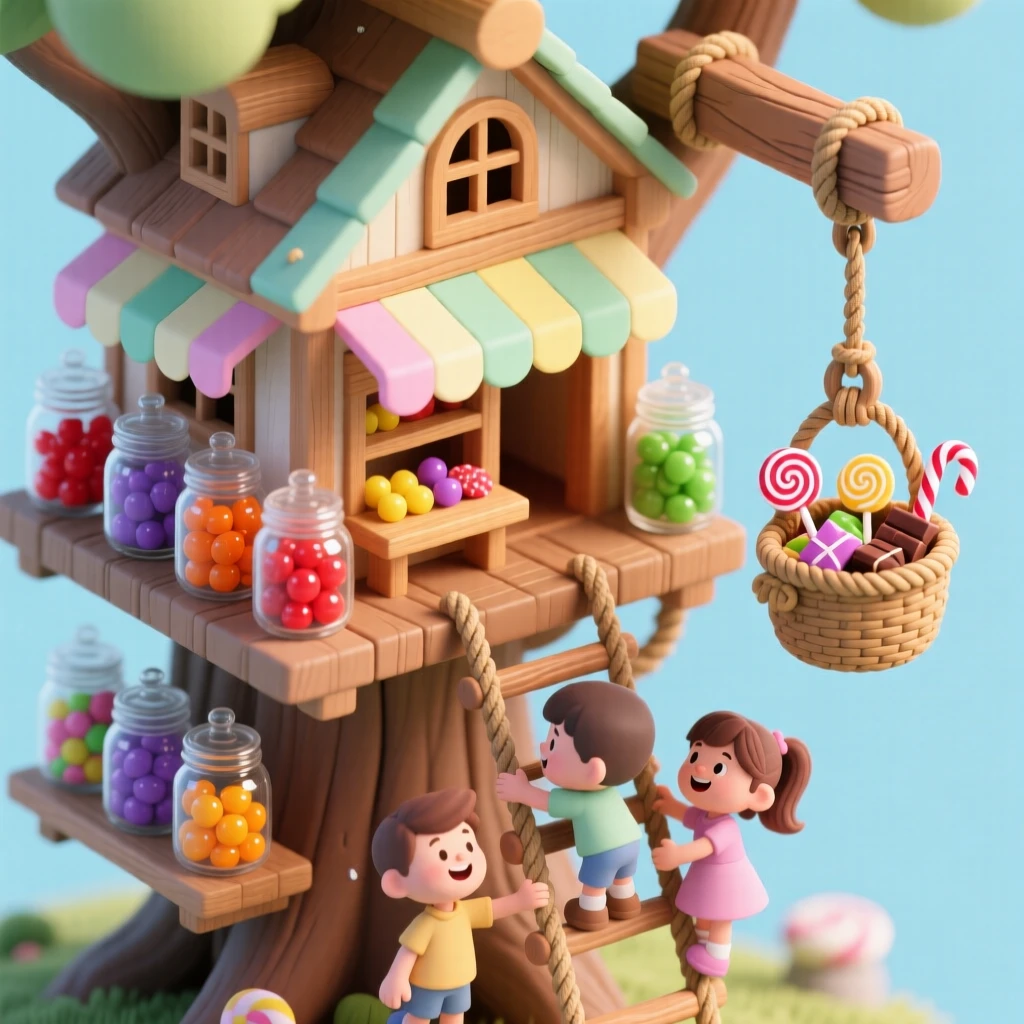 A treehouse candy shop with jars of gumdrops on display, a rope pulley delivering sweets in baskets, colorful awnings over the windows, and children climbing a rope ladder below.