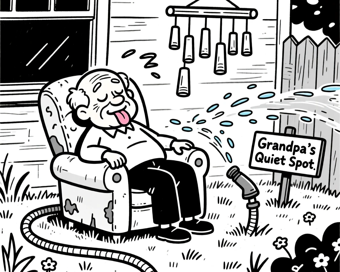 A grandfather dozing off in his favorite armchair, sticking out a tongue playfully at the camera, set in a backyard with a wobbly garden hose sprinkler. A wind chime sways gently just outside the window. It's a small, ordinary moment that feels quietly precious.