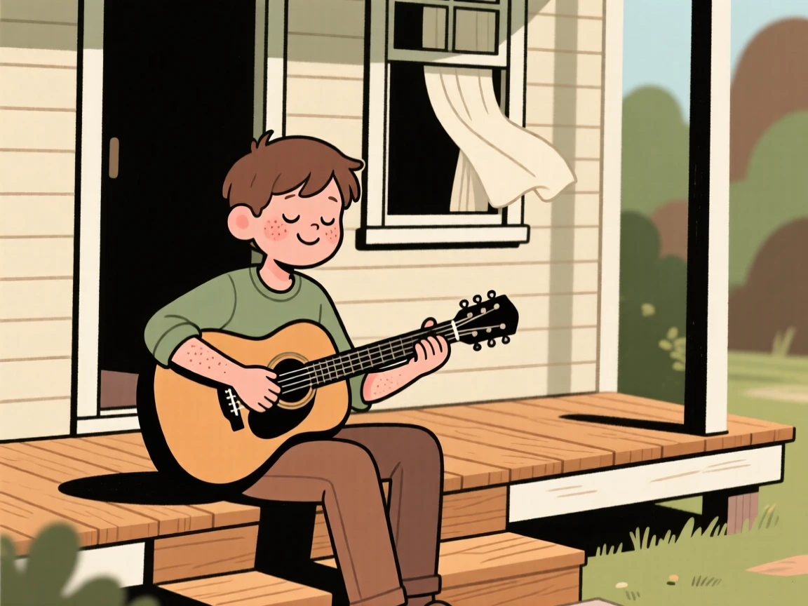 A teenage guitarist sits on the porch steps practicing an old folk song, fully absorbed as a cool breeze drifts through the open window.