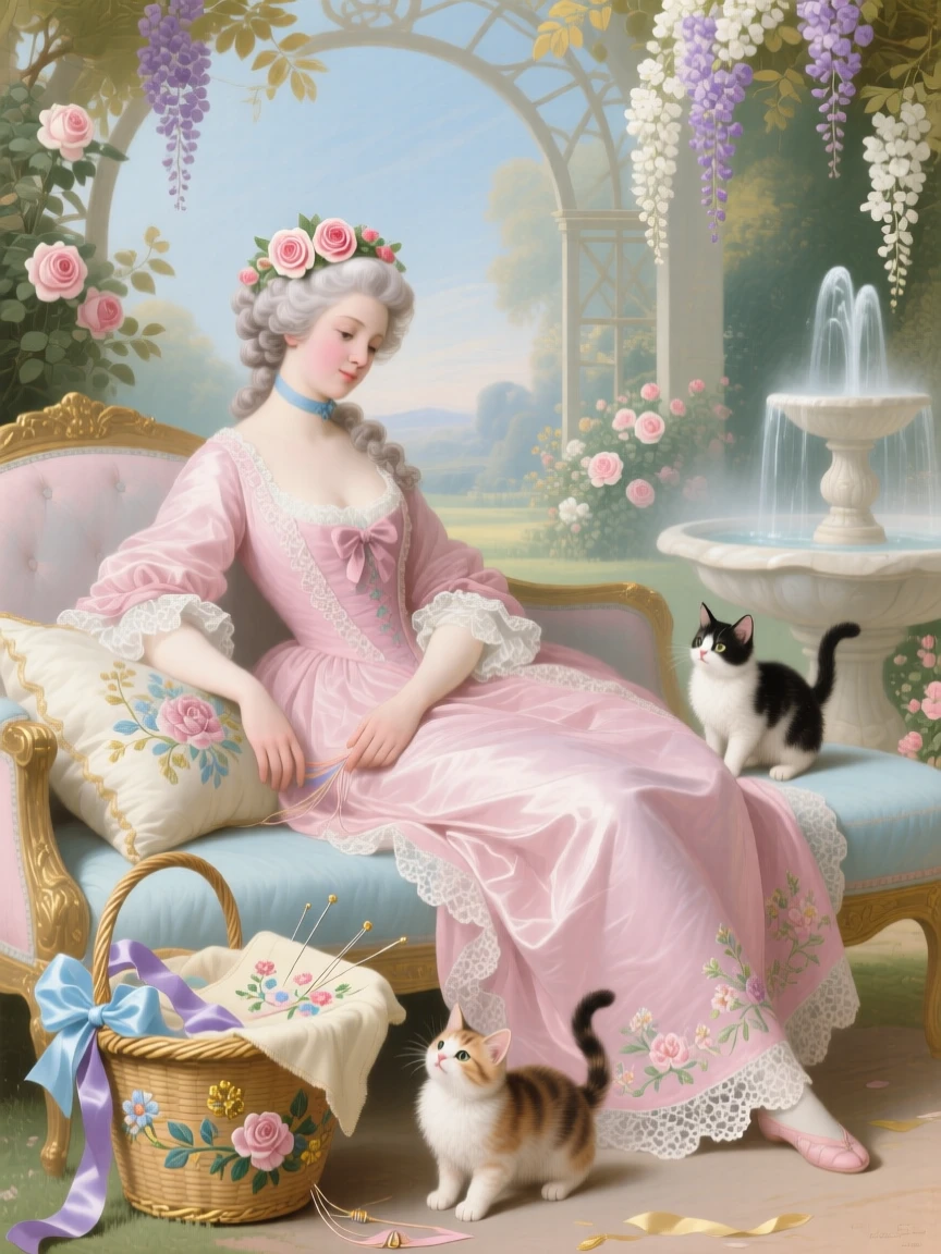A lady playing with kittens beside a basket of ribbons and embroidery  
