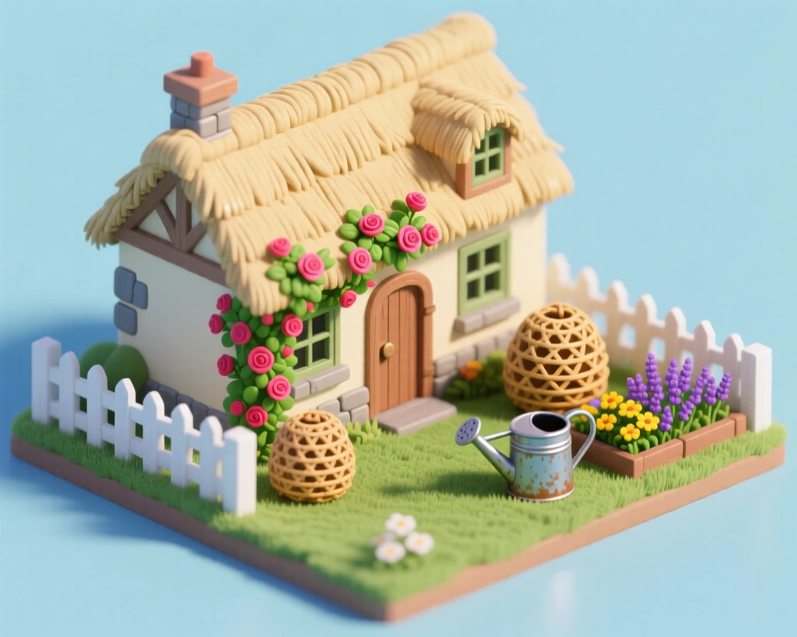 A traditional English cottage with a thatched roof, climbing roses over the doorway, a white picket fence, a beehive in the garden, and a watering can resting by the flowerbeds.