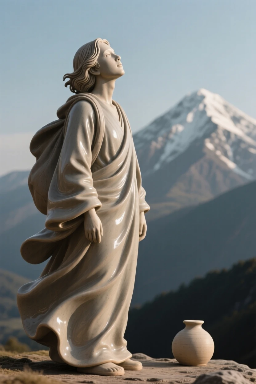 A traveler pausing to admire a distant mountain gazing softly into the distance, draped in flowing garments that ripple with movement, stirring nostalgia and heartfelt warmth.