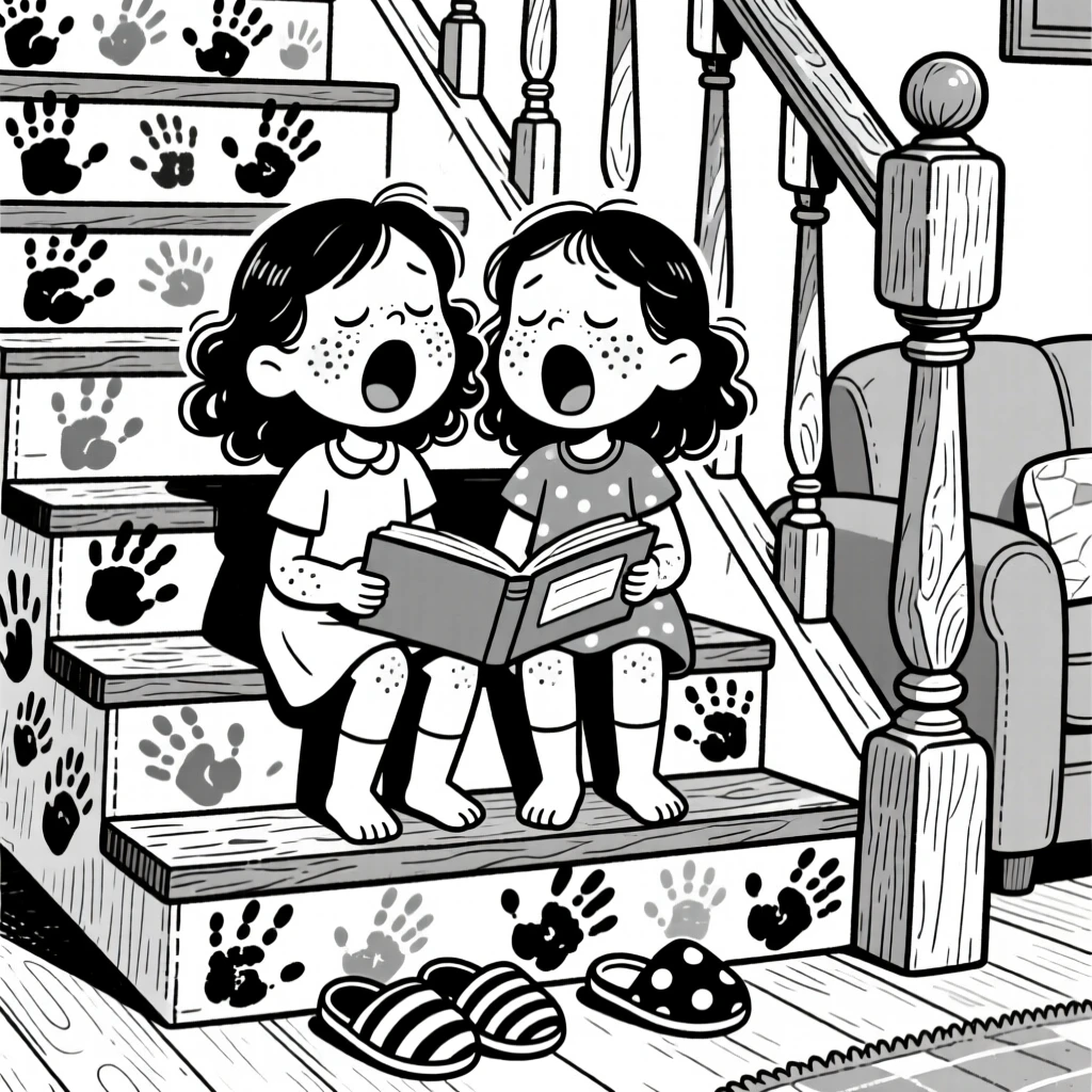 Two sisters with matching freckles, caught mid-yawn during story time, set on a squeaky staircase decorated with handprint art. Mismatched slippers peek out from under the couch. The scene radiates the warm chaos of everyday family love.