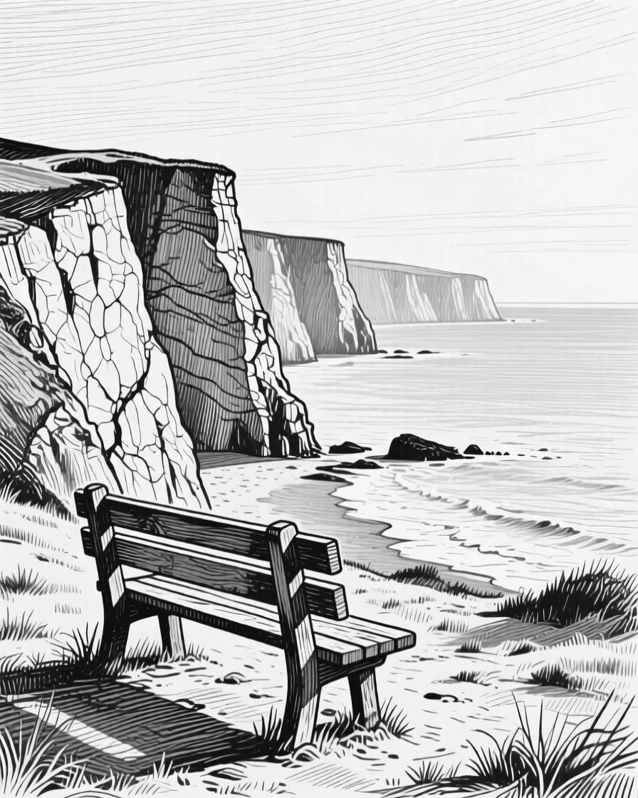 A row of ancient sea cliffs under the soft glow of early morning light, with a single wooden bench overlooking the view, evoking a quietly majestic atmosphere in a wide, balanced composition.