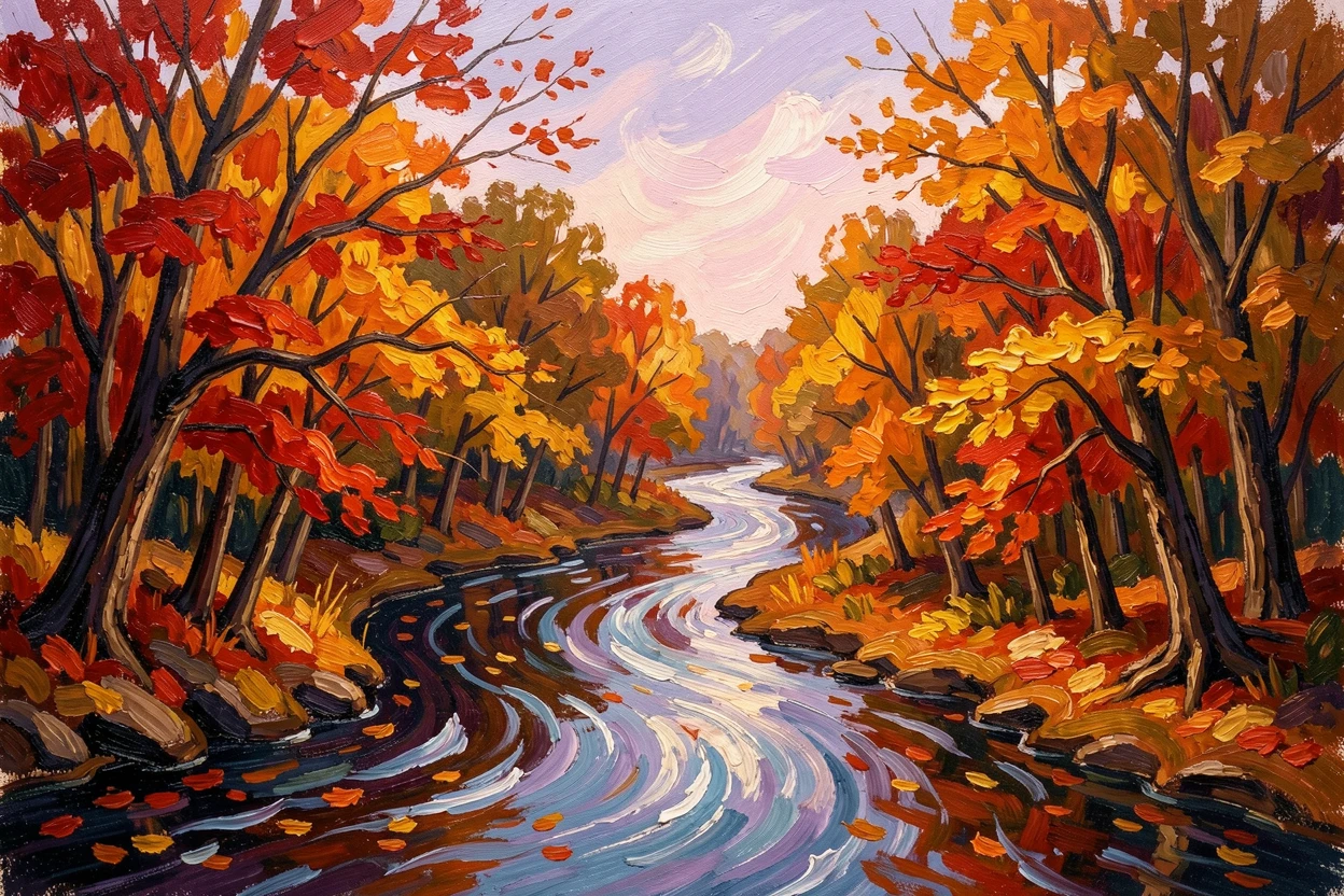 A winding river cutting through a deep autumn forest ablaze with color.