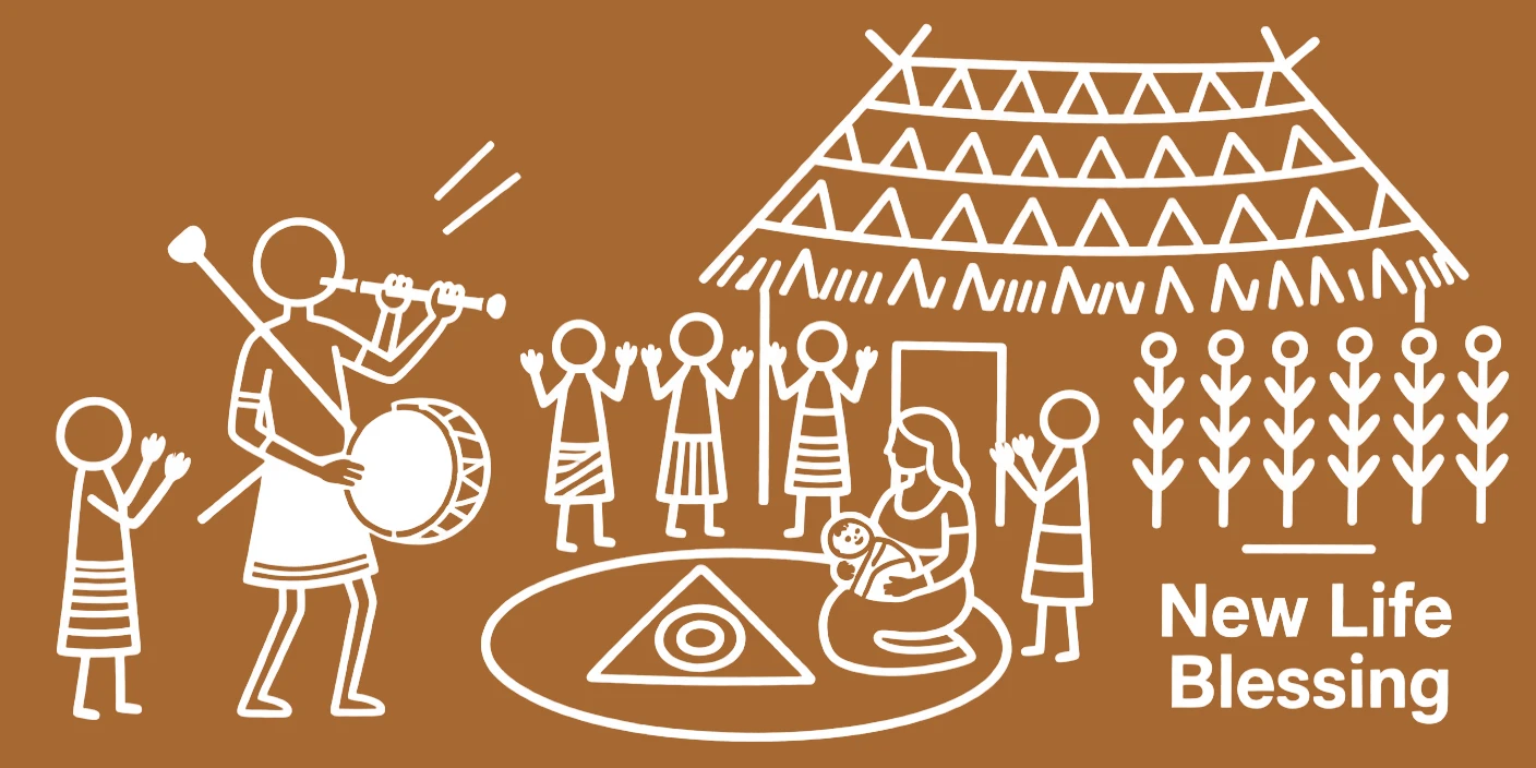A wandering minstrel gathering to bless a newborn near a thatched-roof granary.