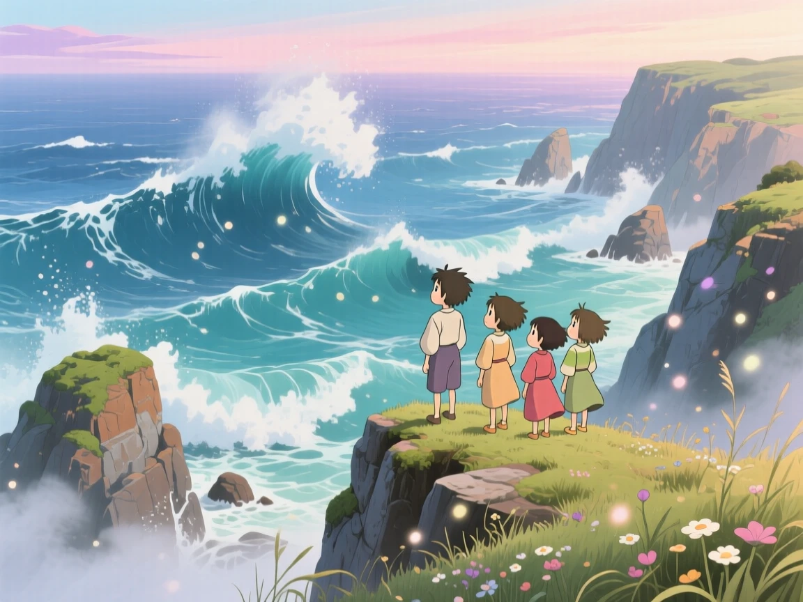 A stunning view of towering waves crashing against a rugged coastline, seen from high above, sweeping and vast.