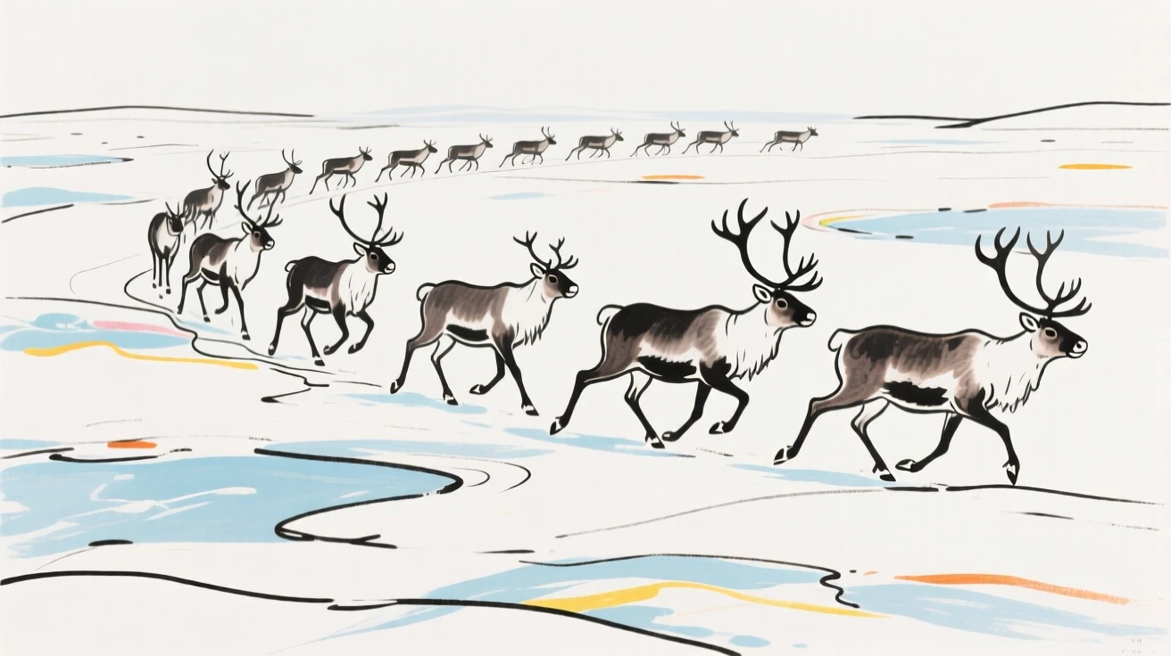 A herd of caribou migrating across a frozen tundra landscape.