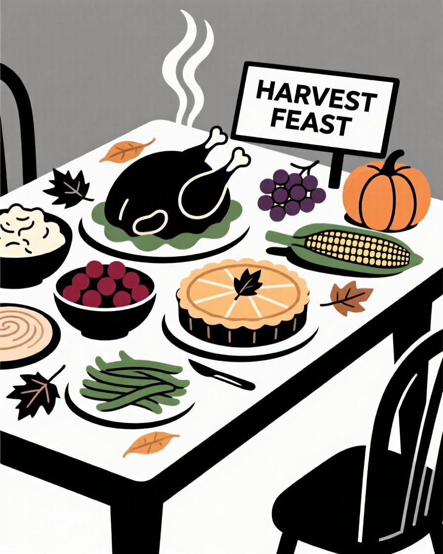A Thanksgiving table piled high with a harvest feast.