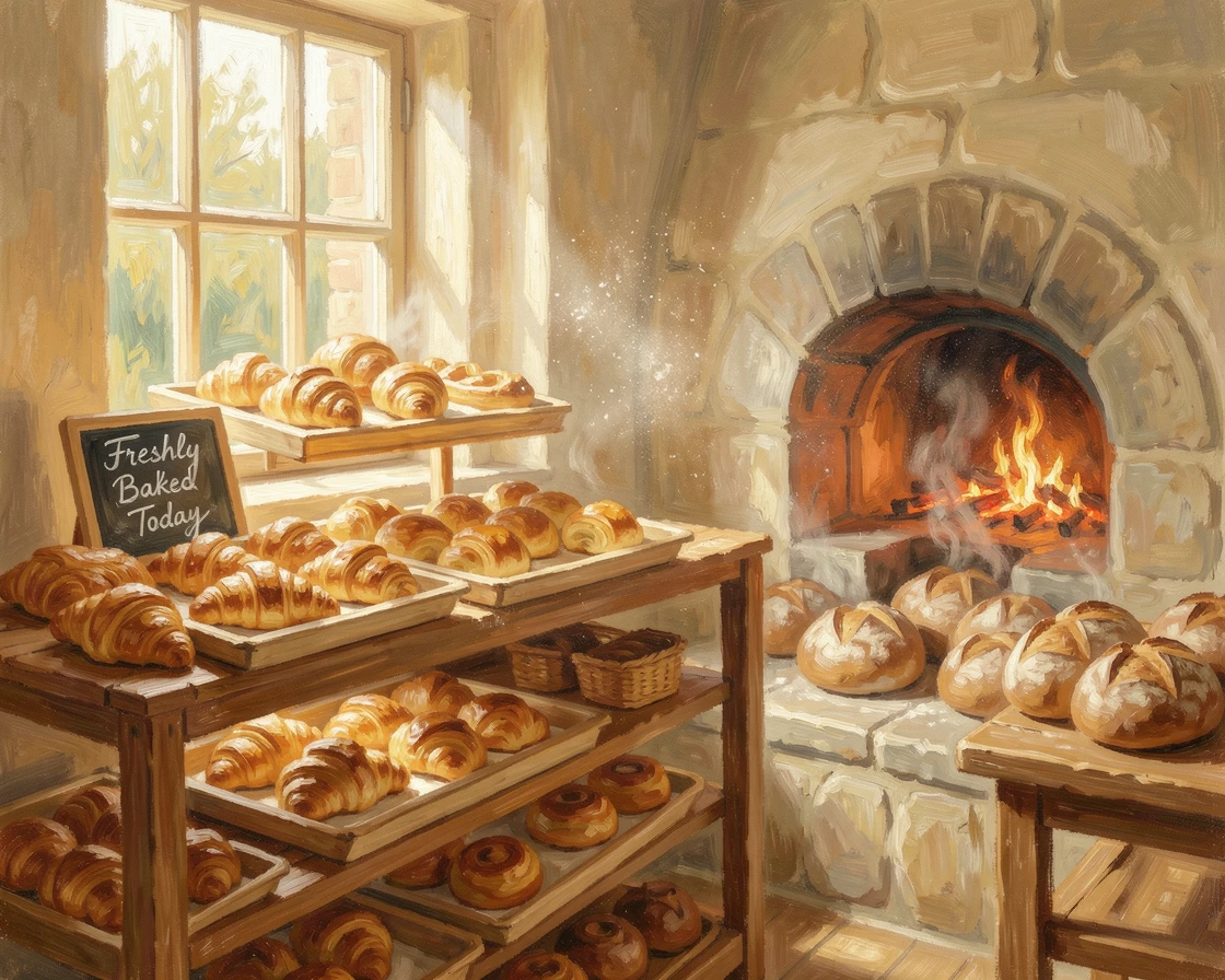 A warm bakery interior with trays of golden pastries and loaves fresh from a wood-fired oven.