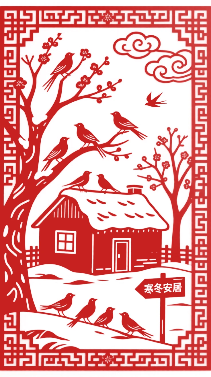 A Winter scene of a quiet farmyard at day's end, birds gathering before their seasonal journey.
