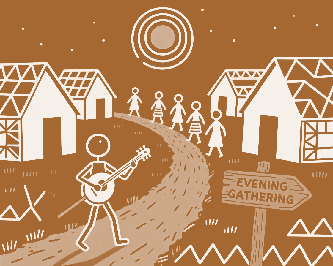 A wandering minstrel gathering for an evening meeting along a dirt path lined with huts.
