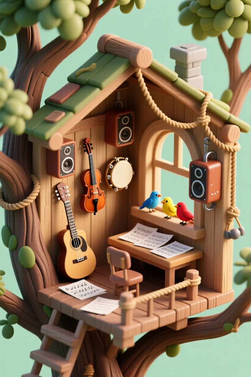 A treehouse music studio with instruments hanging on the walls, a rope-strung speaker system, sheet music scattered on a small desk, and songbirds perched on the windowsill.