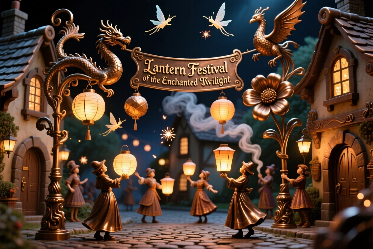 A magical lantern festival lighting up a village at night, with intricate, fantastical detail throughout, transporting the viewer to another world
