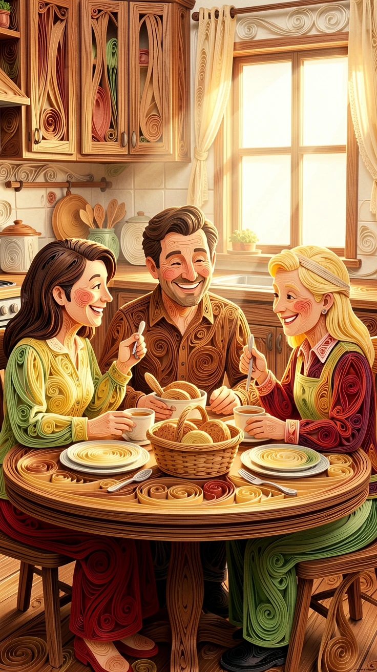 a family gathered around a table sharing a warm meal, in a cozy kitchen filled with the smell of fresh bread, captured in a tender, intimate close-up moment, with gentle sunlight highlighting joyful smiles.