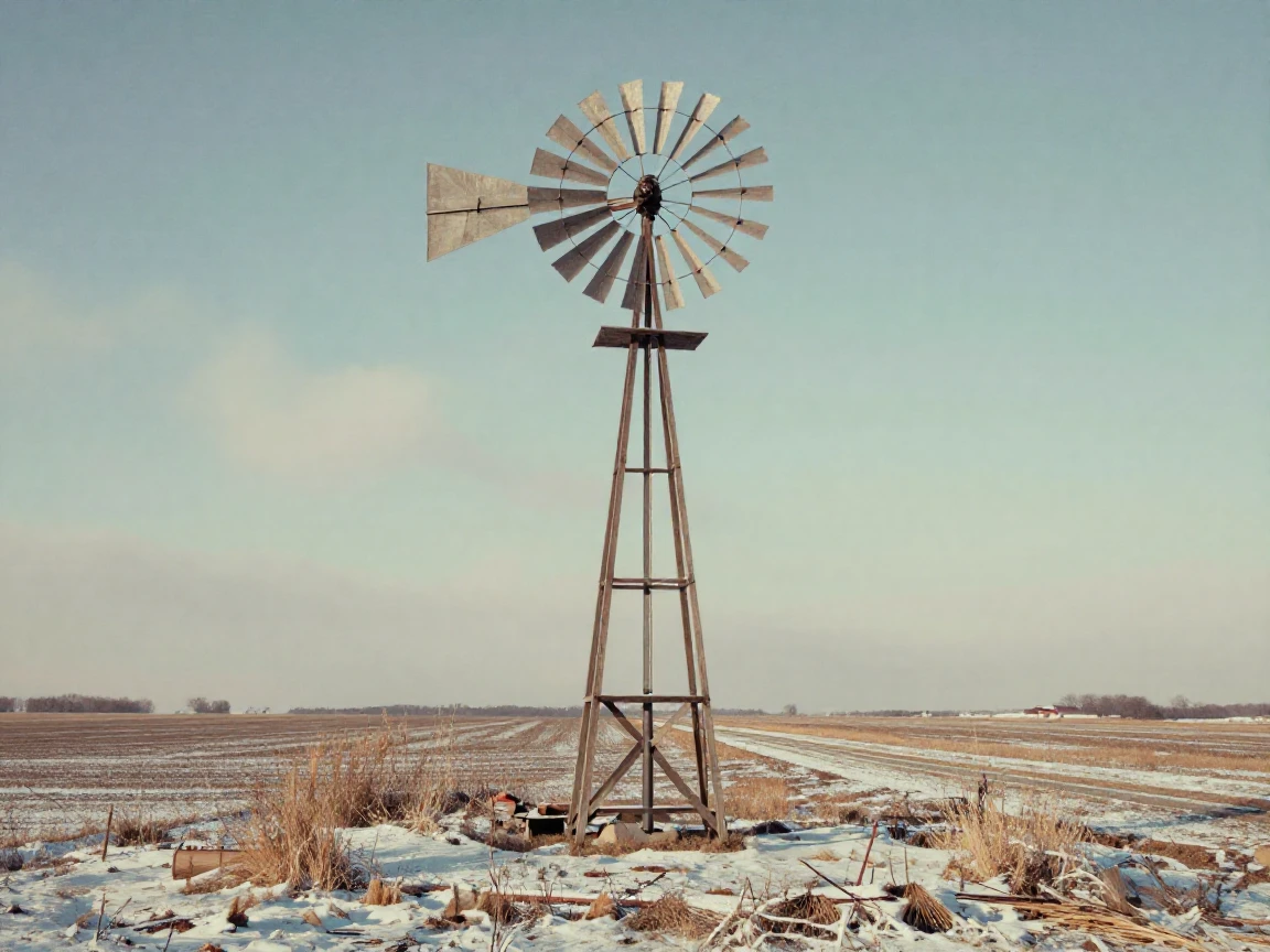 A rustic windmill standing amid flat farmland, under a pale winter sky, with a soft breeze stirring the air, under the first snow of winter, in vivid coral and turquoise hues, framed symmetrically down a long corridor.