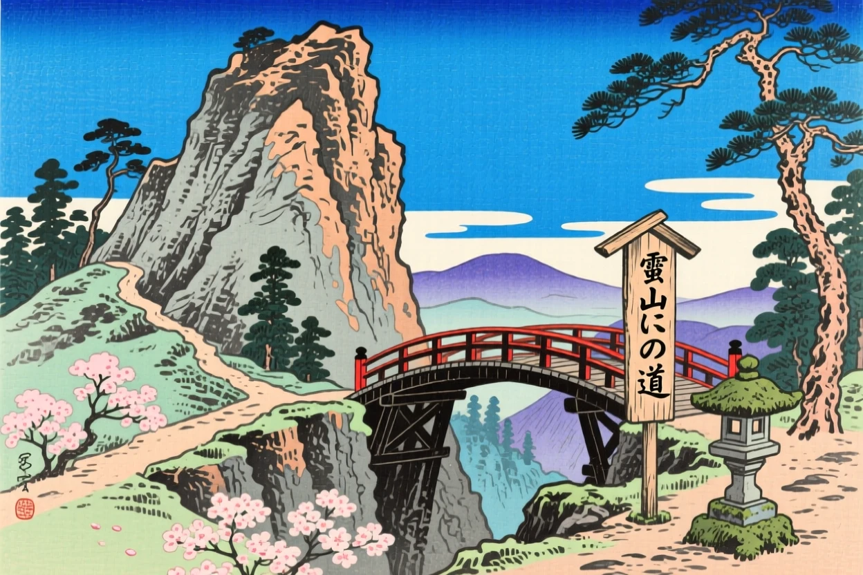 A sacred mountain crag, with a narrow trail crossing a wooden bridge, under a brilliant blue midday sky.