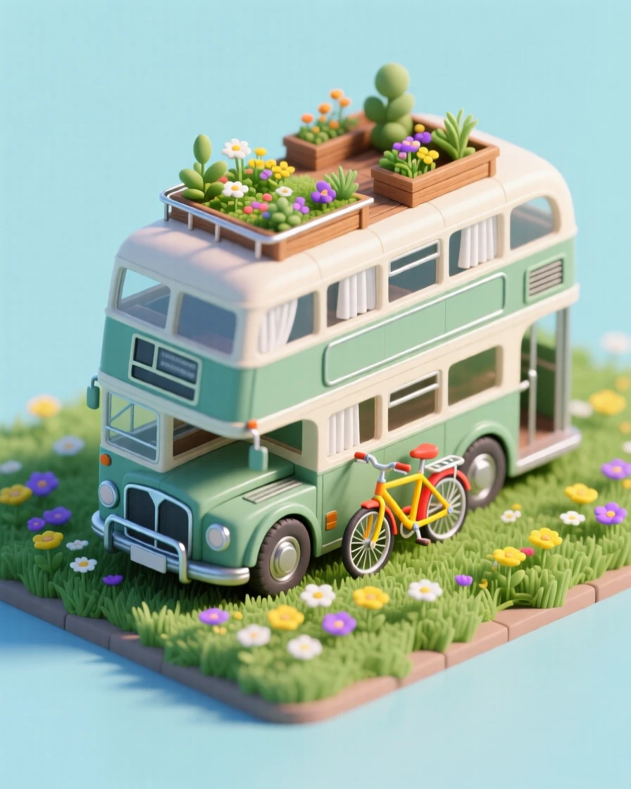 A converted double-decker bus home parked in a meadow, with a rooftop garden, curtains in the windows, a bicycle rack out front, and wildflowers growing around the tires.
