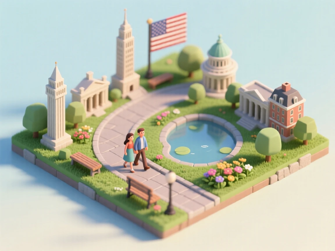 Present a clear, 45° top-down view of a vertical (9:16) isometric miniature 3D cartoon scene, highlighting iconic landmarks centered in the composition to showcase precise and delicate modeling.

The scene features soft, refined textures with realistic PBR materials and gentle, lifelike lighting and shadow effects. Use a clean, unified composition with minimalistic aesthetics and a soft, solid-colored background that highlights the main content. The overall visual style is fresh and soothing.

Here is the scene:
A couple walking in a park.