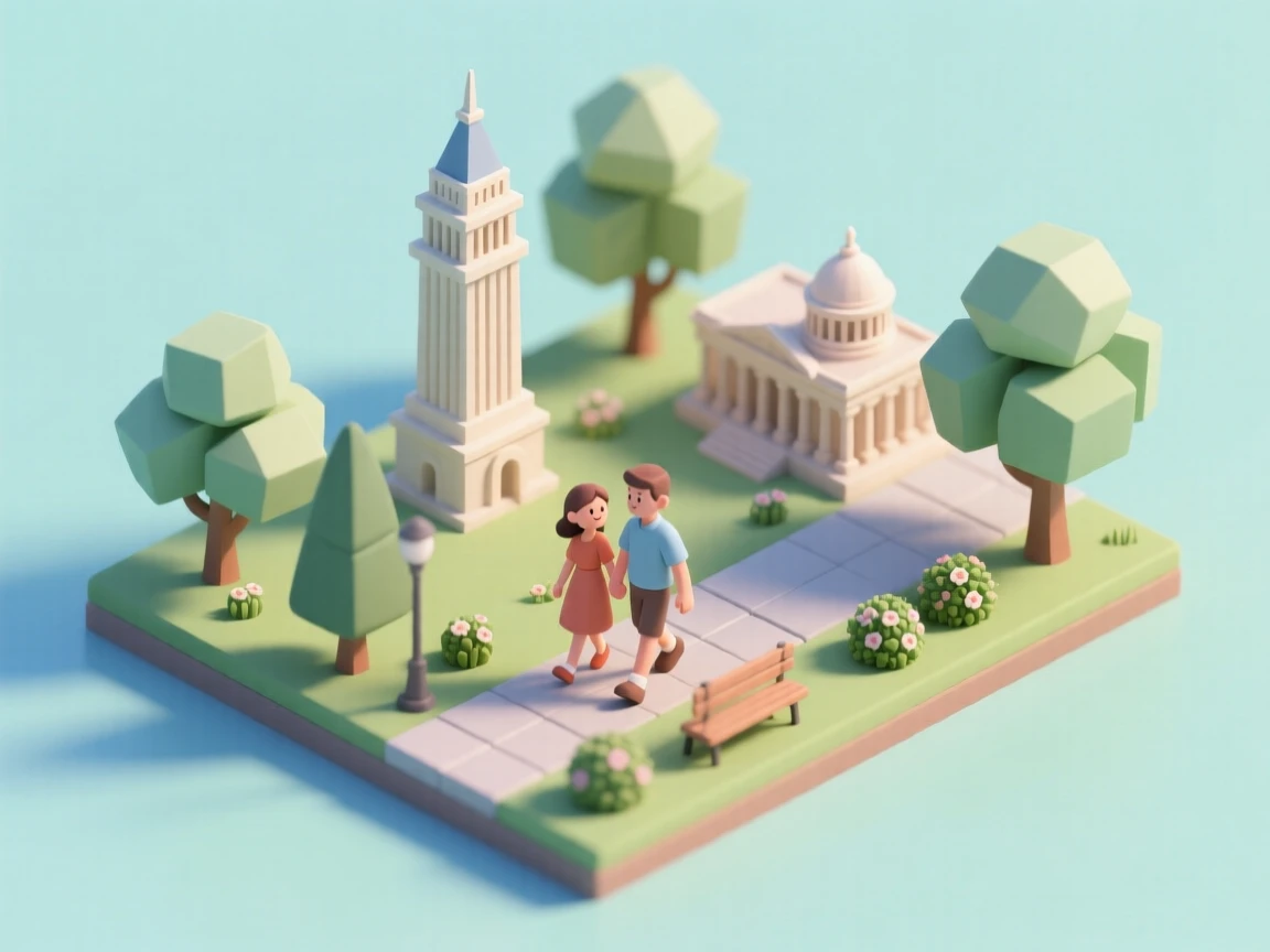 Present a clear, 45° top-down view of a vertical (9:16) isometric miniature 3D cartoon scene, highlighting iconic landmarks centered in the composition to showcase precise and delicate modeling.

The scene features soft, refined textures with realistic PBR materials and gentle, lifelike lighting and shadow effects. Use a clean, unified composition with minimalistic aesthetics and a soft, solid-colored background that highlights the main content. The overall visual style is fresh and soothing.

Here is the scene:
A couple walking in a park.